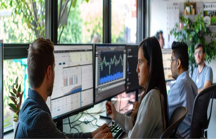Colleagues working diligently on their computers in an office, showcasing a productive work atmosphere.